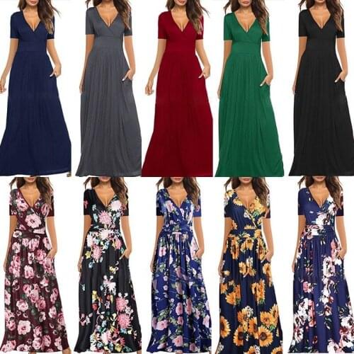 Printed Suspenders Temperament V-neck Regular Sleeves 2021 Summer New Style Womens Solid Color Cotton Dress Long Skirt