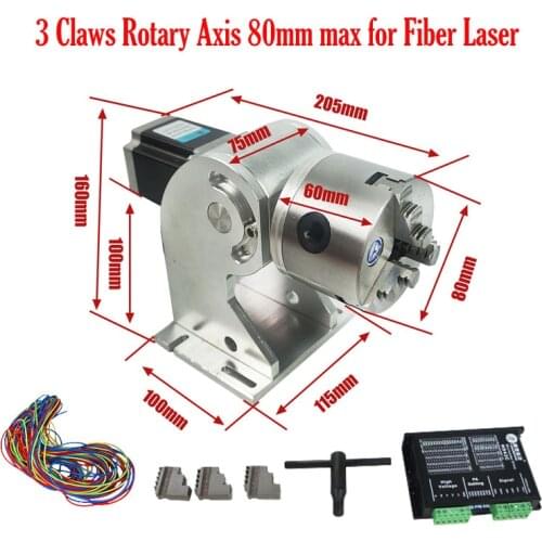 3 Claws Rotary Axis 80mm Max with Drive Board for Fiber Laser Nameplate Marking Laser Machine Use 360 Degree Rotation