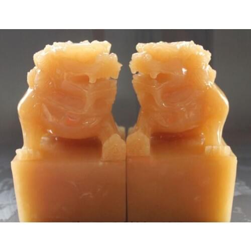 6 Yellow Jade Carving Foo Fu Dog Guardion Lion Lions Animal Statue Pair