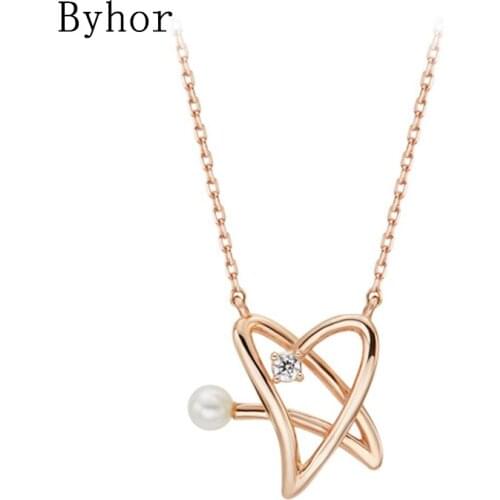 BAIHE Solid 18K White/Yellow/Rose Gold 3-3.5mm Freshwater pearl 0.02ct Diamonds Trendy Fine Jewelry Star Necklaces Women Wedding