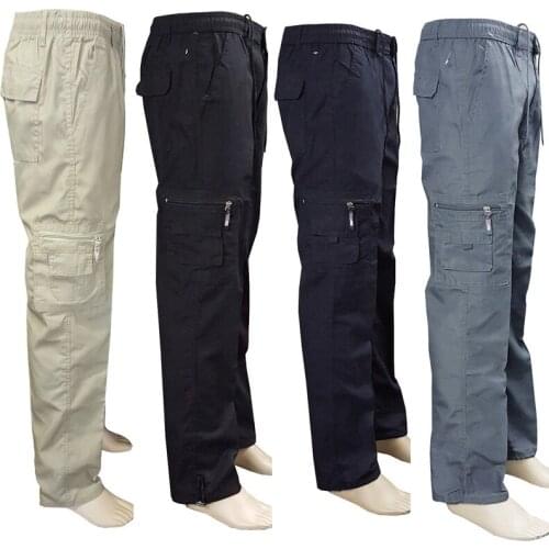 Mens Fashion Cargo Pants Pure Color Slim Fit Zipper Elastic Pocket Breathable Trousers