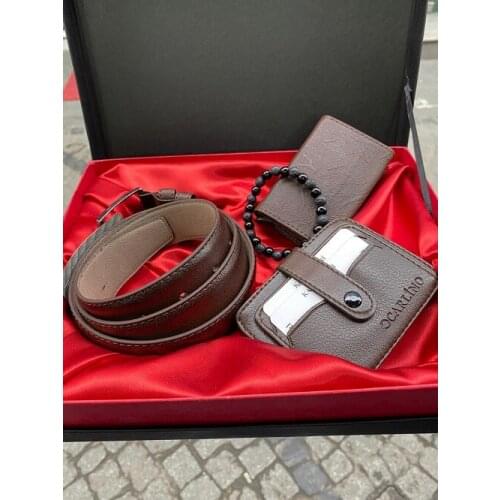 Carlino Men Brown Mechanismed Wallet Belt Badge Holder Bracelet Gift Boxed Elegant Set