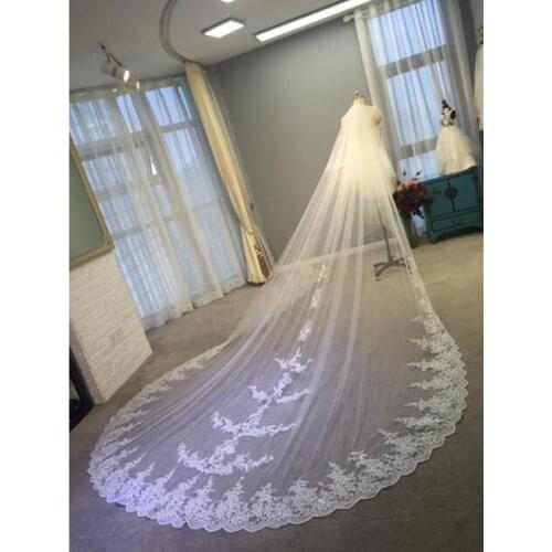 High Quality Two Layer 350cm Cathedral Applique Wedding Veil White/Ivory Lace Edge Bridal Veils Wedding Accessories