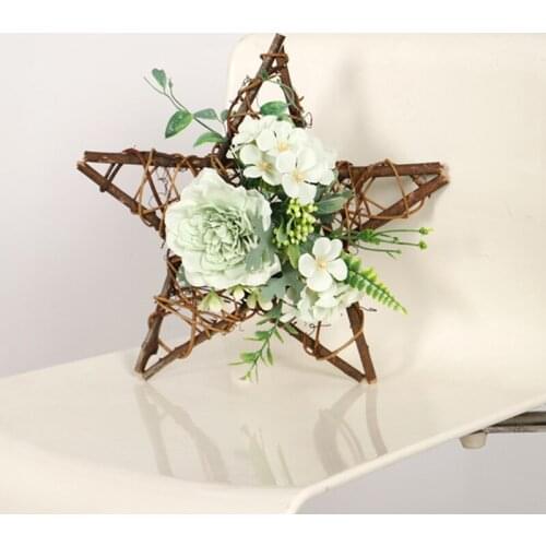 Artificial Camellia Home Decoration Wall Hanging Flower Wood Pentagram Pendant Hanging Fake Wreaths Party Christmas Decors