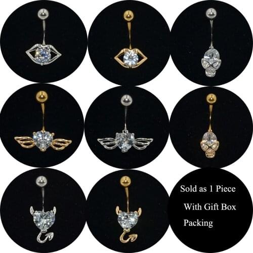1pc Lovely Belly Button Rings Surgical Steel Gold Mouth Skull Wing Desgin Clear Zircon Navel Ring Piercing Body Jewelry