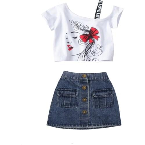 Baby Girl Sets Summer New Fashion Printed Short-sleeved T-shirt Denim Skirt 2pcs Kids Clothing Toddler Girls Clothes 2020 New
