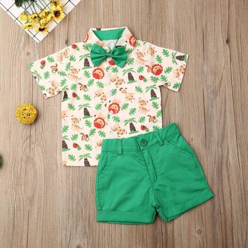 New Summer 2Pcs Toddler Kids Baby Boy Gentleman Formal Suit Lions Tee Shirt Short Pants Formal Costume Children Boy Clothing