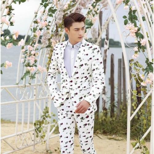 Singer star style dance stage clothing for men floral suit set with pants mens wedding suits costume groom formal dress white