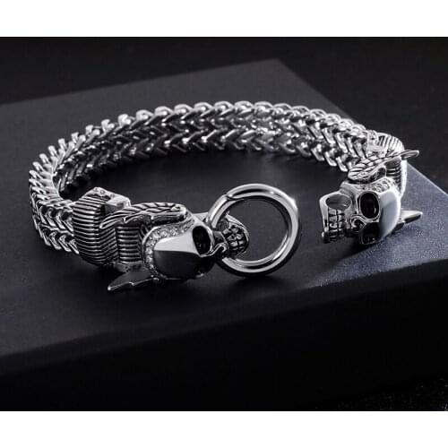 New Stainless Steel 23cm Chunky Mesh Chain Bracelet For Men Punk Skull Charm Bracelet Gothic Halloween Jewelry Accessories