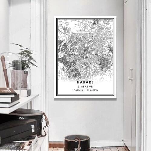 Wall Art for Bedroom Contemporary Simple Life HARARE Map Decor Prints and Posters Canvas Paintings for Living Room