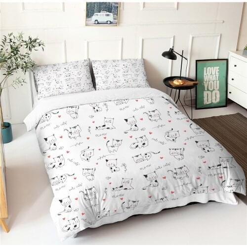 New Cartoon Bedding Set Cute Cat Printed 3D Bed Linen For Children Twin Single Queen King Size Woman Girls White Duvet Cover Set