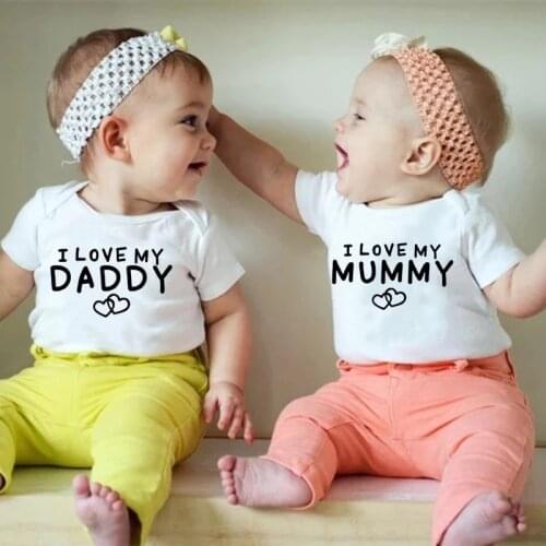 I Love My Daddy Mummy Twins Baby Clothes 100% Cotton Summer Short Sleeve Boy Girl Baby Clothes New Born Outfits Jumpsuit