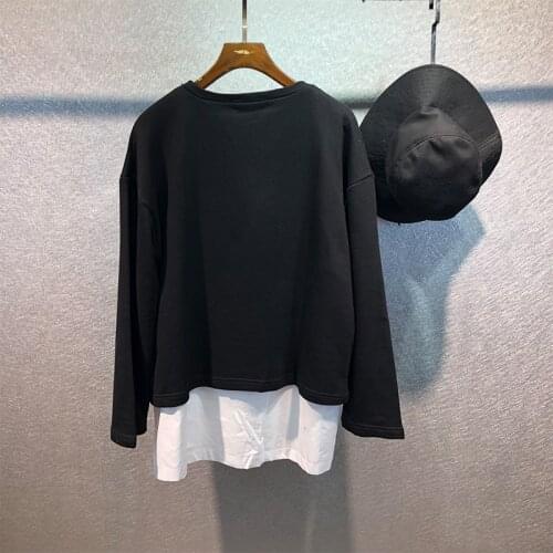 Autumn original personality fake two-piece splicing loose long-sleeved trend color contrast mid-length wild tide brand t