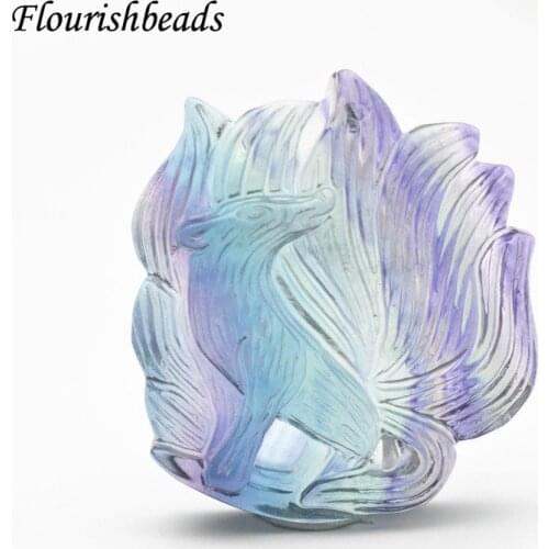 Popular Natural Fluorite Colorful Gemstone Carve Nine -tailed Fox Shape Stone Pendant Fits Necklace Amulet Energy Jewelry Making