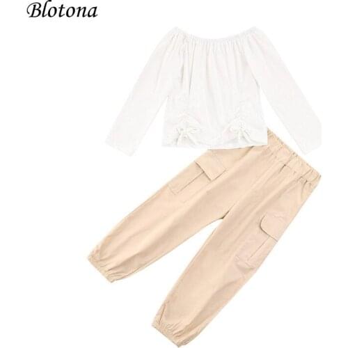 Blotona Little Girls Casual Two-piece Clothes Set, Beige Off-shoulder Long Sleeve Pullover Tops and Khaki Cargo Pants, 1-6 Years