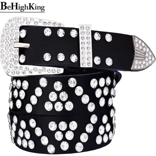 Fashion rhinestone belt female Genuine leather belts for women Quality pin buckle Cow skin waist strap for men Unisex girdle