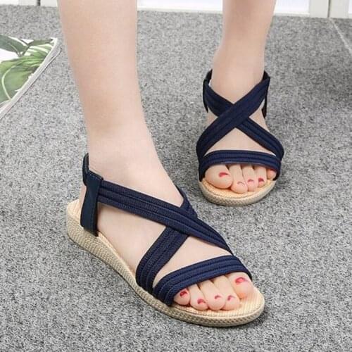 Womens Sandals 2021 Summer Elastic Band Solid Color Women Sandal Flat Shoes Summer Sandals For Women Plus Size 42 Beach Shoes