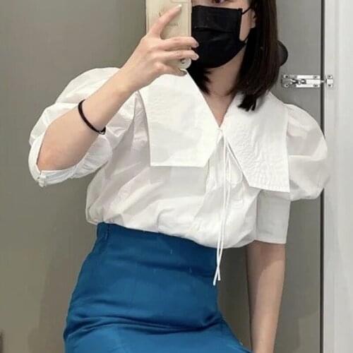 Chic Drawstring Sailor Collar Single Breasted Blusas Ol Office Lady Women Tops Autumn Elegant Puff Half Sleeve Women Blouses
