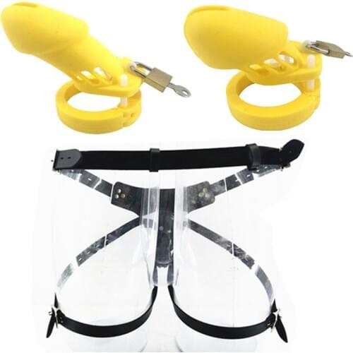 Yellow Chastity Cage CB6000 CB6000S Male Wearable Belt Silicone Cock Cage with 5 Base Ring Penis Cage Adult Game for Men G7-2-28