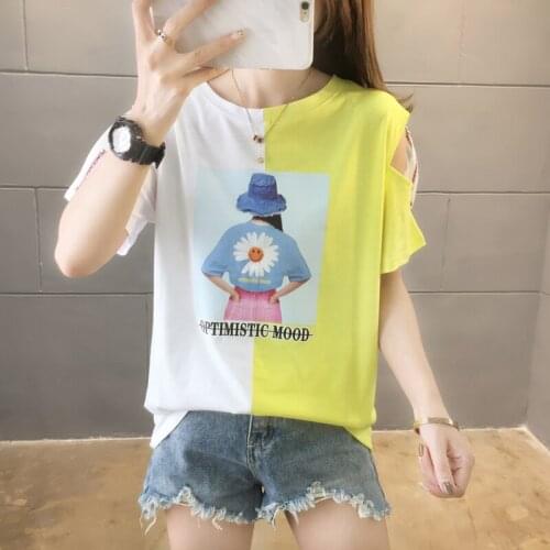 2020 Sexy Off Shoulder tops Print Tee Shirts Female Summer Cotton Knitted T-Shirts Women Short Sleeve O-Neck Top Woman Harajuku