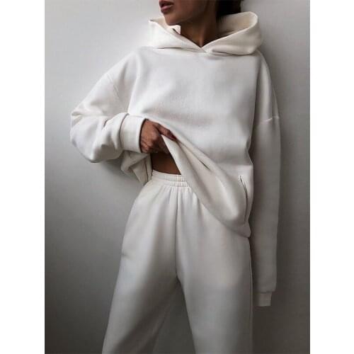 Women Elegant Solid Sets For Women Warm Hoodie Sweatshirts And Long Pant Fashion Two Piece Sets Ladies Lace Up Sweatshirt Suits