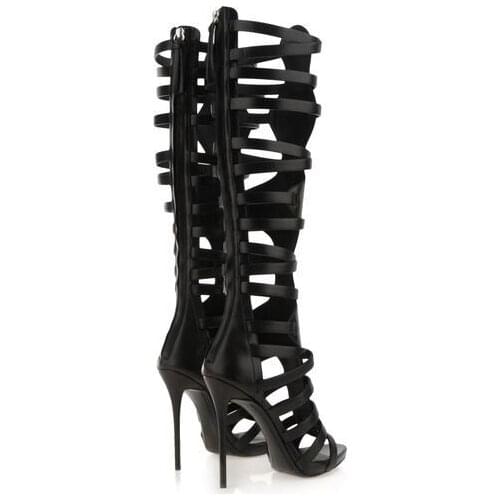 Rome Style Black Leather Women Knee High Boots Peep Toe Cut-out High Heels Gladiator Boot Shoes Summer Hollow Dress Shoes