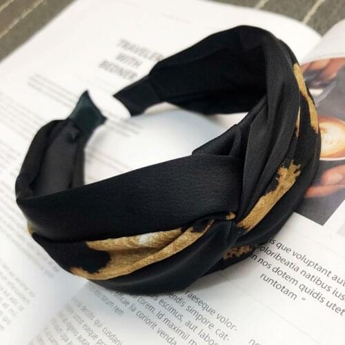 Women Vintage Twisted Knotted Cloth Wrapped Headband Block Leopard Patchwork Wide Hair Hoop Retro Ruched Elastic Casual Headwear