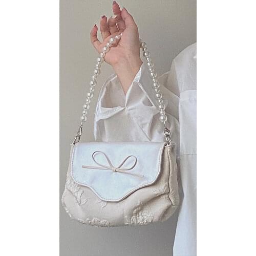 Pearl Chain Womens Jacquard Purse Handbags Elegant Bowknot Ladies Small Shoulder Crossbody Bags Female Girls Tote Underarm Bag