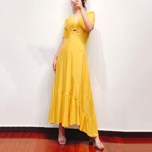 Patads French fashion slim V-neck short sleeve linen long skirt spring and summer lady dress temperament r20594e