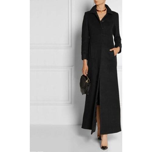 Savabien Womens Woolen Coats X-Long Single Button Long Sleeve Black Slim Wool Coat Elegant Runway Female Overcoat Trench Jacket