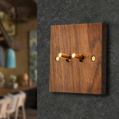 1-4 Gang 2 Way Wall Light Toggle Switch Panel Retro Black Walnut Solid Wood Brass Lever Antique Wood Grain Switch