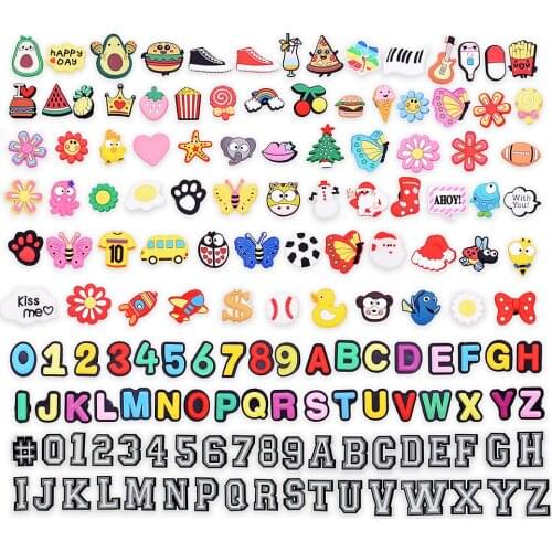 36-150PCS Wholesale Letter Cartoon Silicone Hole Slipper Decoration Croc Wristband Accessories Shoes Charms Kids X-Mas Gift