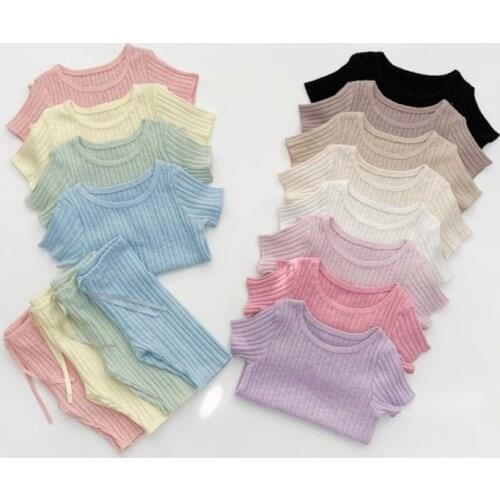 Childrens candy color short sleeve housewear suit cool and comfortable summer wear pajamas outside kids pajamas