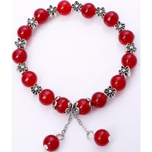 FYJS Unique Silver Plated Stackable Flower with Red Agates Round Beads Stretchy Bracelet Temperament Jewelry