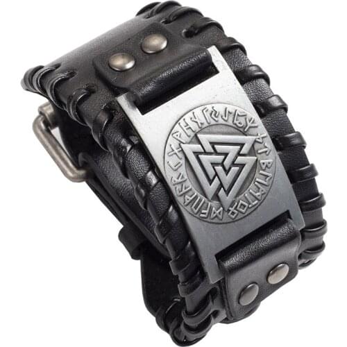 Jessingshow Nordic Viking Odin Bracelet Men Handmade Weave Wide Leather Wristband Adjustable Black Brown Bangle Punk Jewelry