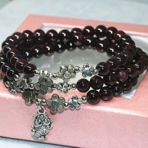 Hot sale silver-color pendants 6mm natural garnet round beads Western style 3 layers multilayer bracelets elastic jewelry B2100