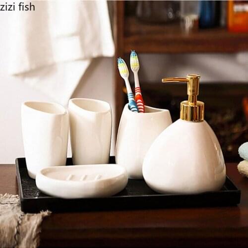 Minimalism 6pcs/set Bathroom Accessories Set White Ceramic Portable Soap Dispenser Toothbrush Holder Mouth Cup Bathroom Shelf