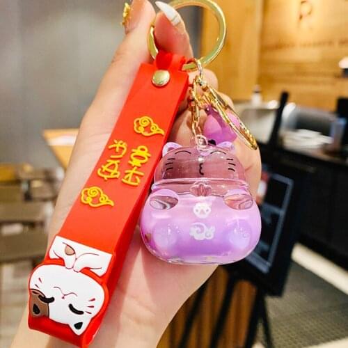 Cartoon Transparent Lucky Cat Doll Keychain Female Creative Acrylic Floating Bottle Key Chain Bag Car Pendant Keyring Girl Gifts