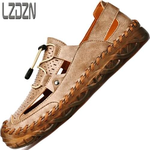 Mens Shoes Sandals Hollow Leather Shoes Handmade Soft Soles 2021 New Trendy Shoes Sandals Tendon Sole Casual Wear Middle-Aged