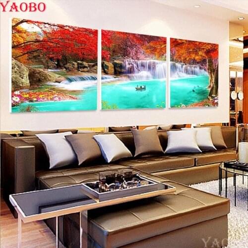 Full Square diamond painting Autumn waterfall 5d diy diamond mosaic paintings Diamond embroidery cross stitch home decor 3pcs