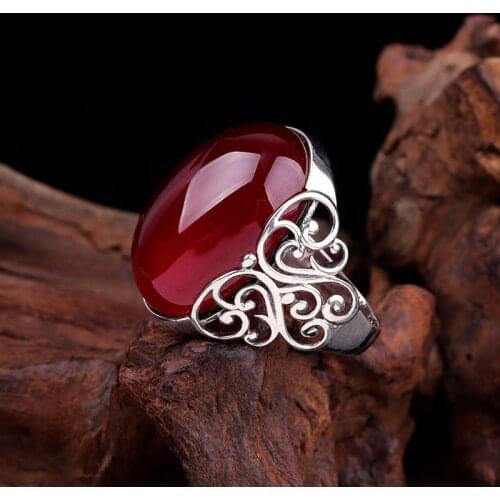 New 925 retro simple hollow carved red corundum female ring