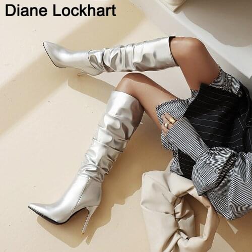 Spring Winter Pleated Fashion Knee High Boots Women Sexy High Heel Slip On Long Boots Ladies Pointed Toe Women Stiletto Bottes