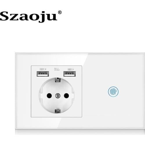 Szaoju Light Touch Switch With EU Wall USB power Socket White Black Home Wall Switches Crystal Glass Panel Backlight 1/2/3Gang