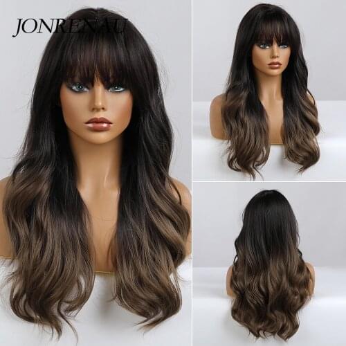 JONRENAU Synthetic Dark Brown Everyday Wigs with Bangs Natural Wave Cosplay Wigs for White/Black Women Party Wear