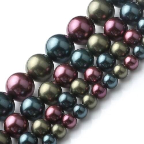 High Quality Mixed Color Green Purple Round Loose Beads Shell Pearl for Jewelry Making DIY Bracelet 15inch 6/8/10/12mm