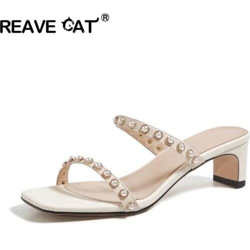 REAVE CAT High Quality 4.5cm High Heels Sandals Pearls Beads Women Shoes Genuine Leather Simple Comfortable Elegant Ladies Mules