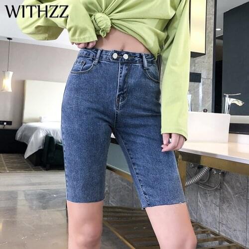 WITHZZ Summer Womens Double-breasted Jeans High Waist Skinny Pencil Pants Denim Shorts