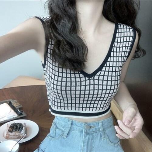 Women Corset Tops 2021 Plaid Vest V-neck Knitted Vest Sleeveless Pullover High Waist Top Sling Tank Camis Crop Top For Women