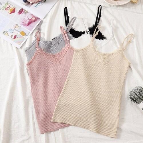 Women Casual Summer Tops Slim Sexy V Neck Sleeveless Lace Stitching Tank Tops Camisole Fashion Female Solid Short Vest Camis