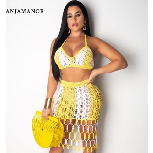 ANJAMANOR Beach Crochet Tassel Striped Sexy Two Piece Skirt Set Summer 2 Piece Knit Outfits for Women Clothing Sets D30-EI27